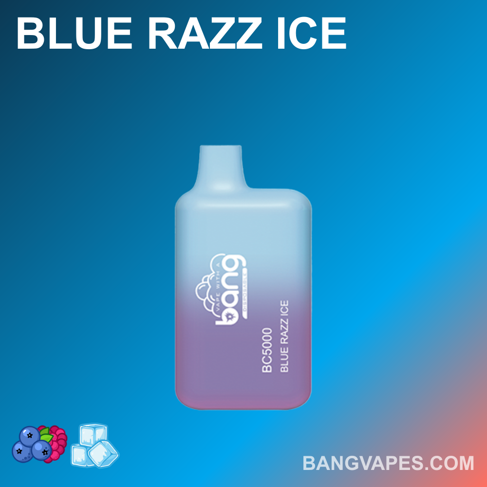 Butelka e-liquidu Bang Vapes Blue Razz Ice z gradientem od fioletu do błękitu, z nazwą produktu i stroną internetową.