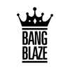 Black crown logo above stacked text “BANG BLAZE” on dark background