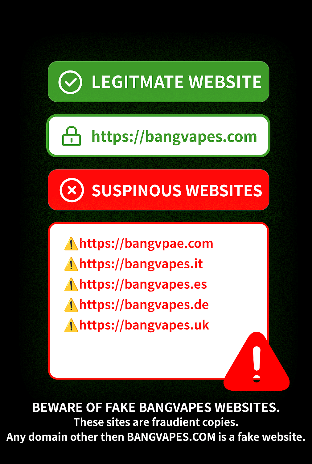 A dark warning poster contrasts a green 'LEGITIMATE WEBSITE' badge with the URL https://bangvapes.com against a red 'SUSPICIOUS WEBSITES' banner, a white panel listing fraudulent domains with yellow warning icons, a large red warning triangle, and bold text warning to beware of fake Bangvapes websites.