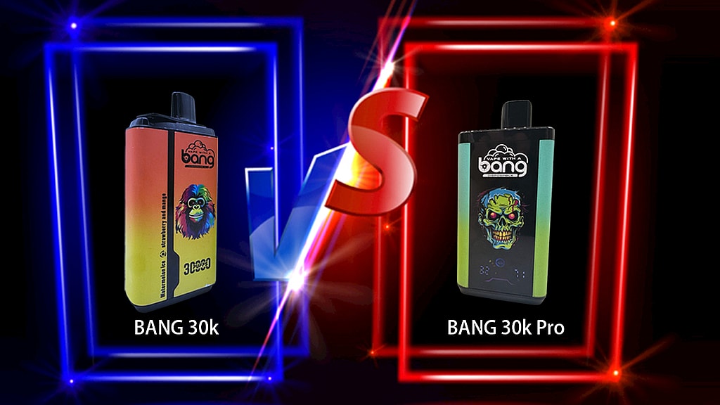 Vergleich der Einweg-Vape-Geräte BANG 30k und BANG 30k Pro mit farbenfrohen Designs im Hintergrund mit geteiltem Bildschirm.