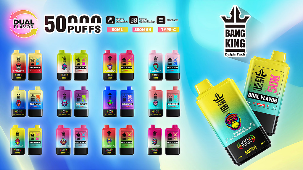 Werbebild von Bang King Dual Flavor 50K Einweg-Vaporizern in verschiedenen Farben und Geschmacksrichtungen mit Produktmerkmalen wie 50.000 Zügen, einstellbarem Luftstrom, Bildschirmanzeige, 50 ml Fassungsvermögen und Typ-C-Aufladung.