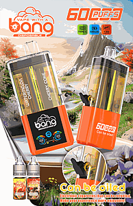 Two orange disposable vape pens with clear pods and Vape with a Bang branding, set against a mountain landscape.