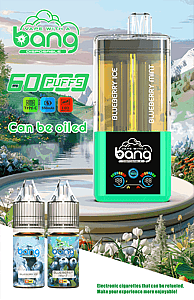 Ad for Bang disposable vape with teal device and blueberry flavors Blueberry Ice and Blueberry Mint, plus two 10 ml bottles.