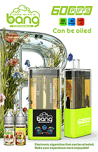 Bright lime-green disposable vape device with Bong logo, 60 puffs and can be oiled, in front of a floral glass bong and two flavor bottles.