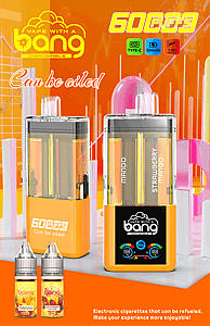 Two orange disposable vape pens with clear pods on a bright orange backdrop, mango and strawberry mango flavors, 60 Puffs.