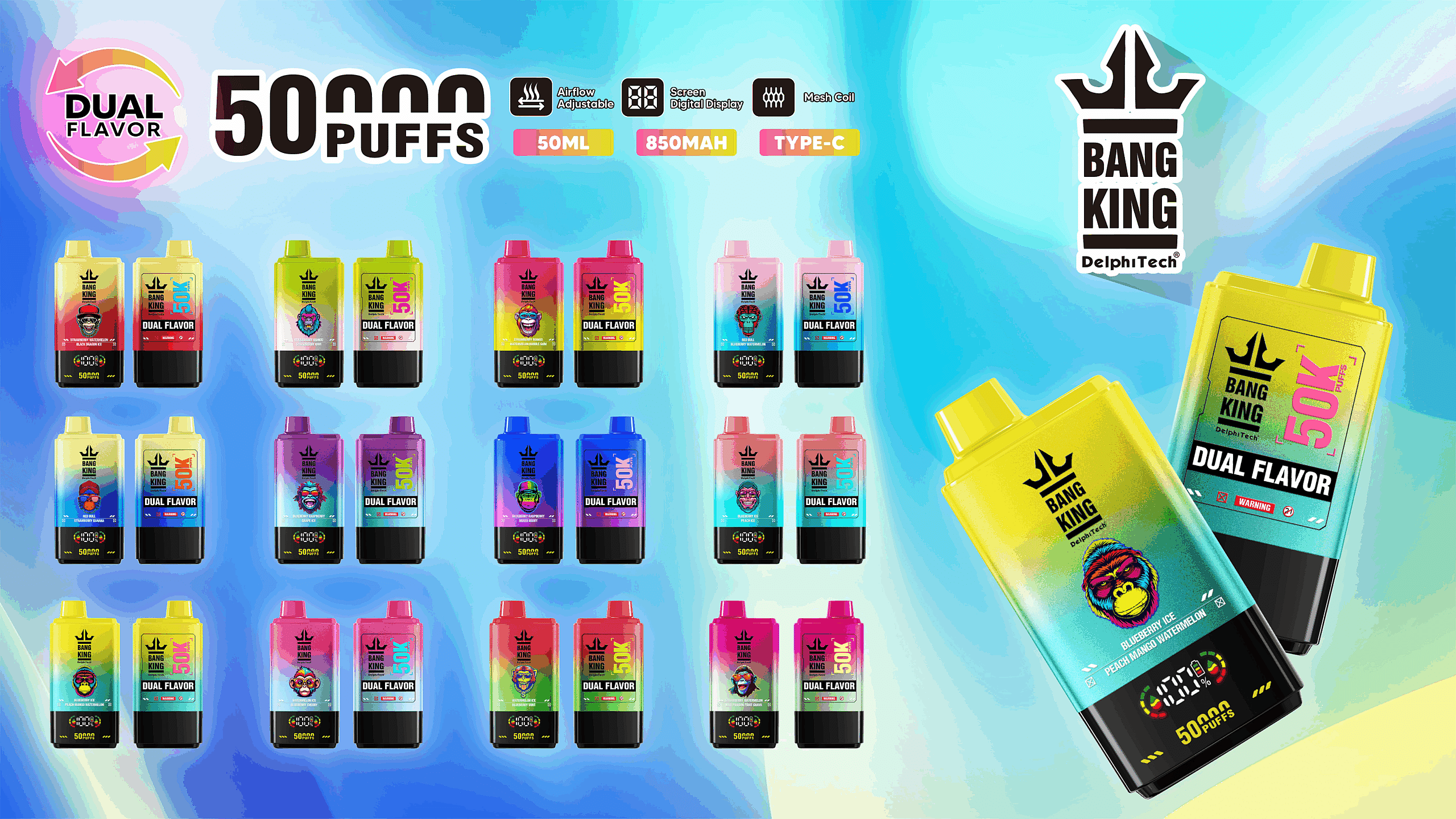 さまざまな色とフレーバーの Bang King Dual Flavor 50K 使い捨てベイプのプロモーション画像。50,000 パフ、調整可能なエアフロー、スクリーン ディスプレイ、50 ml 容量、Type-C 充電などの製品機能が表示されています。