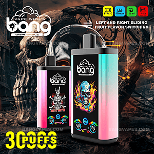 Jednorazowe urządzenie do waporyzacji „Vape with a Bang” w kolorowym opakowaniu z grafiką przedstawiającą czaszkę, informujące o 30 000 zaciągnięć, z baterią 550 mAh, pojemnością liquidu 36 ml, ładowaniem typu C i możliwością przełączania smaków owocowych.