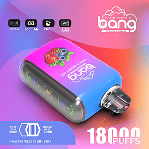 Colorful pink-to-blue disposable vape device labeled "Bang" Triple Berry Ice with berry illustration, clear mouthpiece, side LED display, icons indicating Type-C, 650mAh, 26ml, 1.2Ω mesh coil, and text advertising 18,000 puffs and pulse/regular modes.