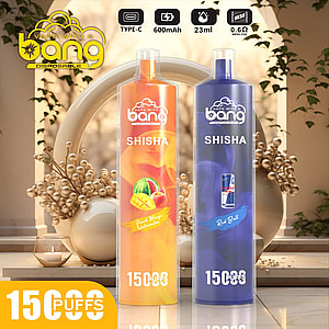 Appareil de vapotage jetable Bang Shisha 15000 avec un design élégant et coloré et un embout ergonomique, présenté sur un fond blanc.