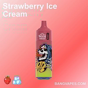 The image showcases the Bang Tornado 12000, a disposable vape featuring a Strawberry Ice Cream flavor with up to 12,000 puffs.