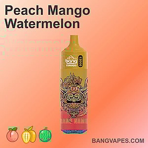 Introducing the Bang Tornado 12000 - a cutting-edge electronic cigarette offering up to 12k puffs. It's flavored with a delicious blend of peach, mango, and watermelon. Perfect for vapers who crave long-lasting, fruity experiences.