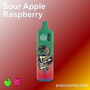 Featuring Bang Tornado 12000 Sour Apple Raspberry e-cigarette with up to 12K puffs. A sleek design for vaping enthusiasts brought by bangvapes.com.