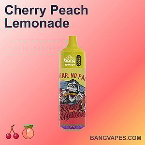 The image showcases the Bang Tornado 12000, a 12k puff disposable vape featuring a Cherry Peach Lemonade flavor.