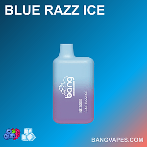 A bottle of Bang Vapes Blue Razz Ice e-liquid with a gradient from purple to blue, displaying the product name and website.