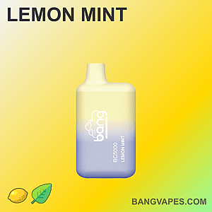 A lemon mint flavored vape with a gradient design, branded as Bang BC5000, displayed on a yellow background with icons of a lemon and mint leaf.