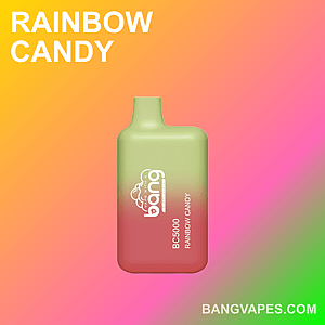 A vape device labeled "Bang BC5000 Rainbow Candy" with a gradient design from green to red on a rainbow-colored background.