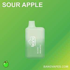 A green disposable vape labeled "Bang BC5000 Sour Apple" on a gradient green background with the text "SOUR APPLE" at the top and "BANGVAPES.COM" at the bottom.