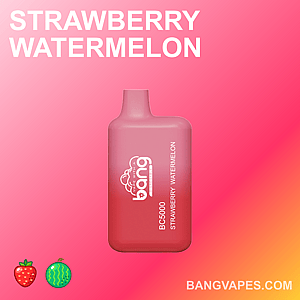Strawberry Watermelon Bang BC5000 disposable vape with a pink gradient background and strawberry and watermelon icons at the bottom.