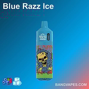 The Bang Tornado 12000 showcases a sleek Blue Razz Ice flavor vape with an impressive 12k puff capacity for vaping enthusiasts.