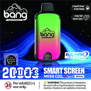Bang's 20k Puffs デュアルメッシュスマートスクリーンで、究極のベイピング体験を。強化されたフレーバー、比類なきパフ容量、そしてモダンなデザイン。今すぐベイプをアップグレードしましょう。