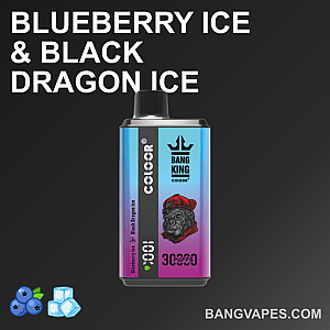 Dispositivo per svapo monouso Bang King al gusto di ghiaccio al mirtillo e ghiaccio al drago nero, caratterizzato da un design sfumato dal blu al viola e dal logo di un bulldog che indossa un berretto.