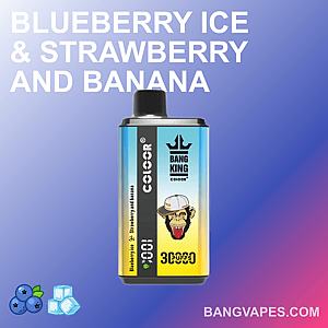 La confezione dei gusti Blueberry Ice, Strawberry e Banana di Bangvapes presenta vivaci illustrazioni di frutta su un elegante sfondo blu.
