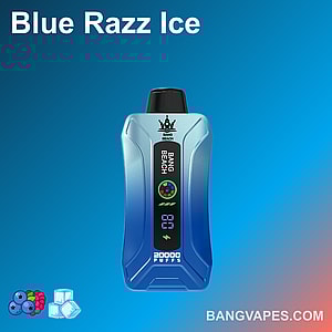 Dispositivo per svapare blu con l'etichetta "Bang Beach" e un display che riporta la scritta "20.000 tiri" e il nome del gusto "Blue Razz Ice" su uno sfondo blu sfumato.