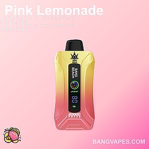 Vaporizzatore al gusto di limonata rosa con design sfumato in oro e rosa, con la scritta "Bang Beach" e "20.000 puffs" sulla parte anteriore, su uno sfondo rosa chiaro.