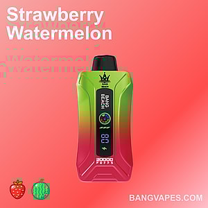 Un dispositivo per svapare colorato con un'etichetta al gusto di "Fragola e anguria", caratterizzato da un vivace design sfumato dal verde al rosso e un display digitale che mostra "20000 tiri". Nella parte superiore è visualizzato il testo "BANG BEACH", mentre nella parte inferiore sono presenti le icone di una fragola e di un'anguria.
