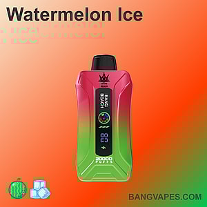 Dispositivo per svapare Watermelon Ice con design sfumato dal rosso al verde, etichettato "Bang Beach", dotato di display digitale, testo "20.000 boccate" e icone di ghiaccio e anguria.