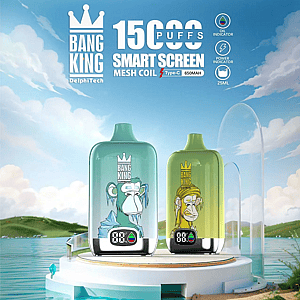 Two colorful Bang King disposable vape devices with cartoon ape illustrations and small digital screens displayed on a round pedestal against a lakeside sky backdrop, with large text advertising 15000 puffs and product features above them.