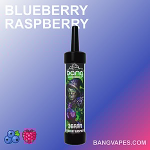 Vape desechable Bang Blueberry Raspberry con un diseño de la parca con capucha verde y marca de 36 bocanadas.