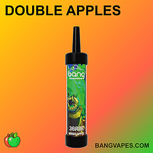 Un dispositivo de vapeo etiquetado como "Bang", con un diseño que presenta una ilustración de un dragón verde y el texto "Double Apples" y "3600 Puffs" sobre un fondo degradado de color naranja y verde.