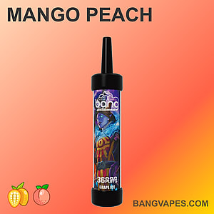 Vaporizador desechable con sabor a mango y melocotón con 3600 bocanadas, con un gráfico de hielo de uva en el dispositivo y la marca Bang Vapes.