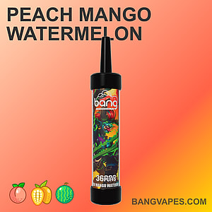 Vape desechable Bang con sabor a "Melocotón, mango y sandía", con ilustraciones coloridas en el empaque y texto que dice "3600 PUFFS".