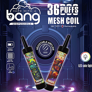 « Vape jetable Bang avec 36 000 bouffées, flux d'air réglable, port rechargeable Type-C, batterie 650 mAh, bobine en maille et lumière LED colorée. »