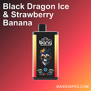 Advertisement for Bang disposable vape featuring a Black Dragon Ice & Strawberry Banana flavor, showing a colorful skull with flames and sunglasses on the device.