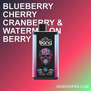 A disposable vape device with a colorful skull design, labeled "Vape with a Bang," against a gradient background with text listing flavors: blueberry, cherry, cranberry, and watermelon berry.