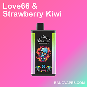 A Bang disposable vape with a skull graphic on the front and labeled flavors "Love66 & Strawberry Kiwi" on a pink gradient background.