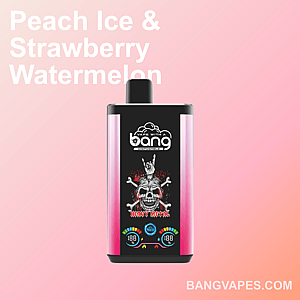 A Bang disposable vape labeled "Heavy Metal" with Peach Ice and Strawberry Watermelon flavor, featuring a skull graphic and digital indicators on a pink gradient background.