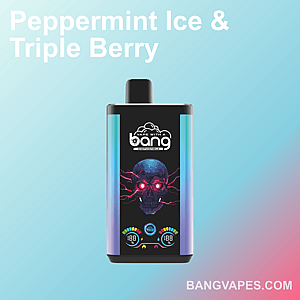A black disposable vape device with neon skull artwork, labeled "Bang," promoting flavors Peppermint Ice & Triple Berry.