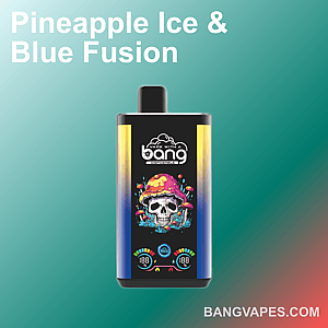 Pineapple Ice & Blue Fusion vape by Bang Vapes, featuring a colorful skull and mushroom design with battery indicators at the bottom.