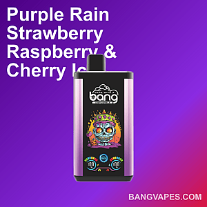 A purple and black disposable vape device with a colorful skull illustration wearing a crown, labeled "Bang Vapes," featuring the flavor "Purple Rain Strawberry Raspberry & Cherry Ice."