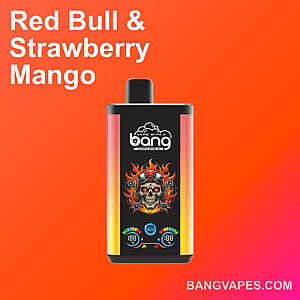A Bang disposable vape device with a skull and flames design, advertised as Red Bull & Strawberry Mango flavor, displayed on an orange gradient background.