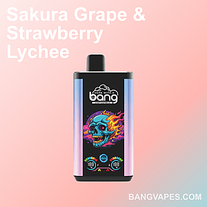 A black and pink disposable vape device with a flaming skull design, labeled "Sakura Grape & Strawberry Lychee" and a website link to bangvapes.com.