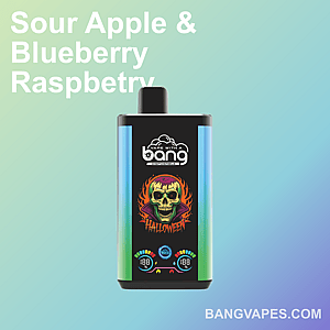 Bang vape with Halloween design featuring a skull, displaying the flavors Sour Apple and Blueberry Raspberry.