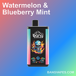 Watermelon and blueberry mint flavored vape with a colorful design featuring a flaming skull illustration.