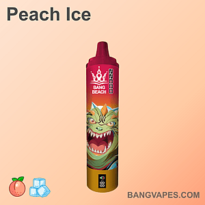 A red and orange vape device featuring a stylized dragon face, with the text "Bang Beach" and "Peach Ice" displayed.