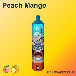 A peach mango-flavored vape with a blue and orange design featuring a fierce, open-mouthed creature illustration on the front.