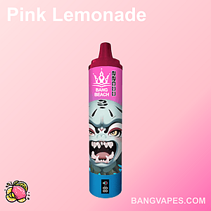 A pink and blue vape device labeled "Bang Beach" with a fierce cartoon face and "Pink Lemonade" text on a soft pink background.